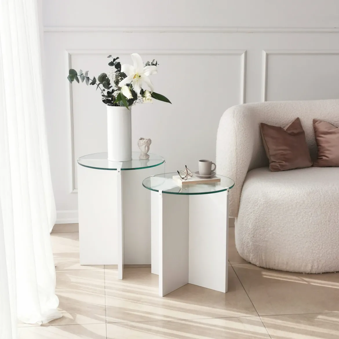 Tavolino da Salotto Bianco set 2 Pezzi Vetro Temperato Forma Rotondo 70x70x38h cm, Materiale Piano in Vetro - Genga