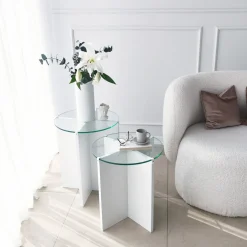 Tavolino da Salotto Bianco set 2 Pezzi Vetro Temperato Forma Rotondo 70x70x38h cm, Materiale Piano in Vetro - Genga