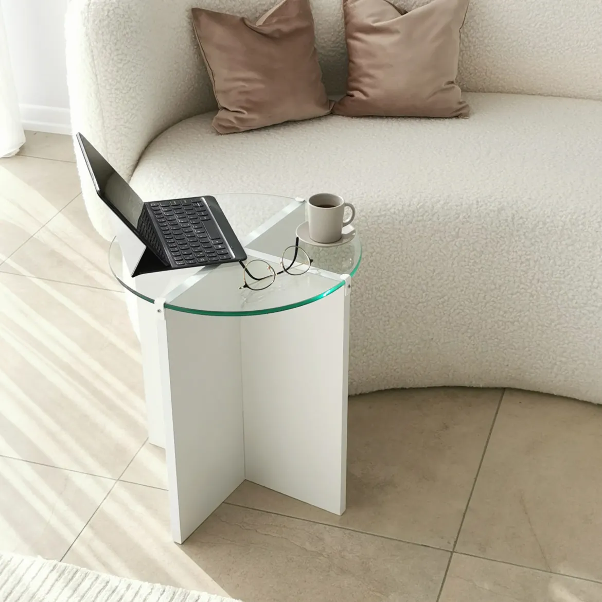Tavolino da Salotto Bianco set 2 Pezzi Vetro Temperato Forma Rotondo 70x70x38h cm, Materiale Piano in Vetro - Genga