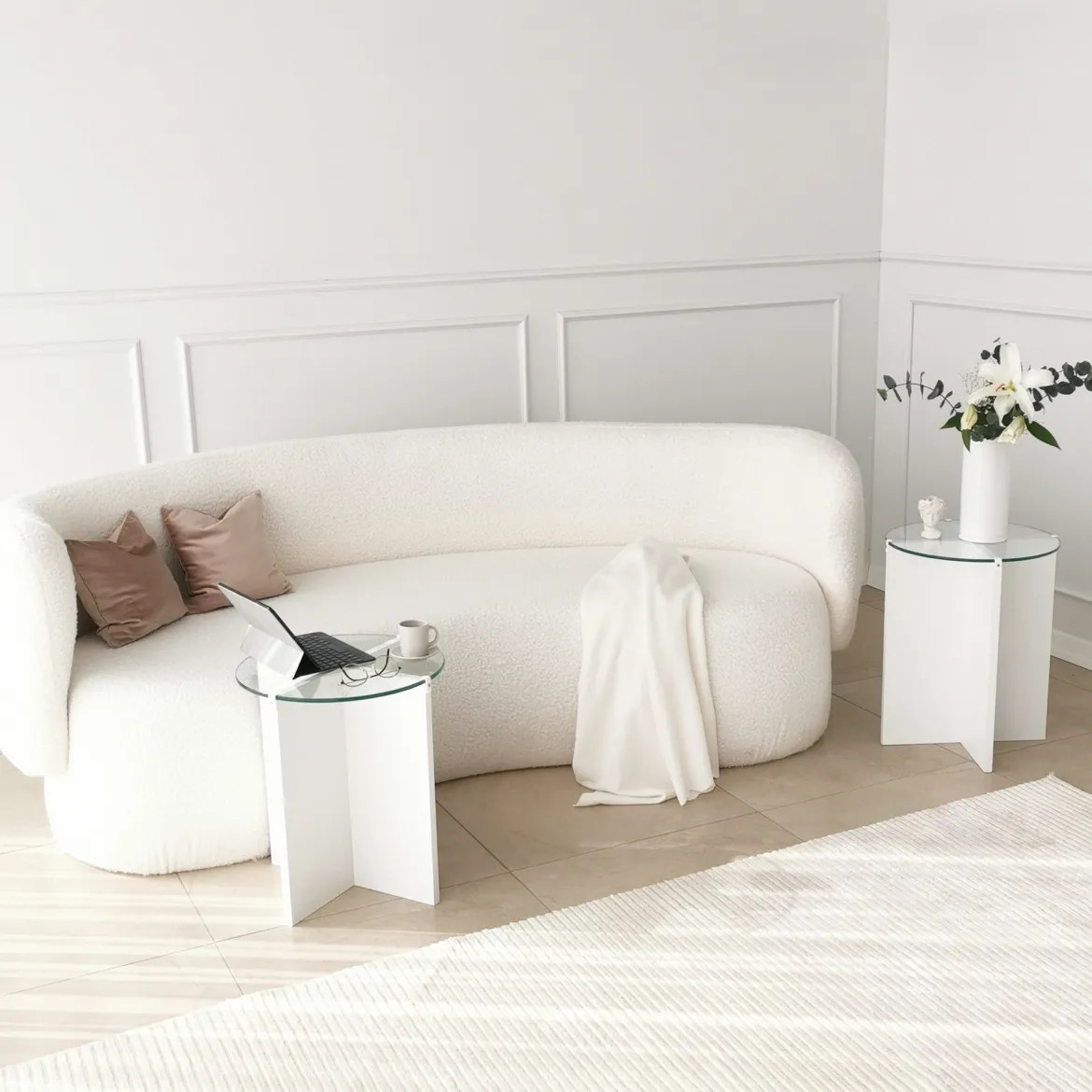 Tavolino da Salotto Bianco set 2 Pezzi Vetro Temperato Forma Rotondo 70x70x38h cm, Materiale Piano in Vetro - Genga