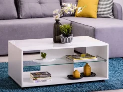 Tavolino da Salotto Bianco 2 Vani con Ruote 101x60x45h cm, Forma Rettangolare - Giussano