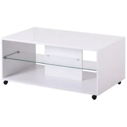 Tavolino da Salotto Bianco 2 Vani con Ruote 101x60x45h cm, Forma Rettangolare - Giussano