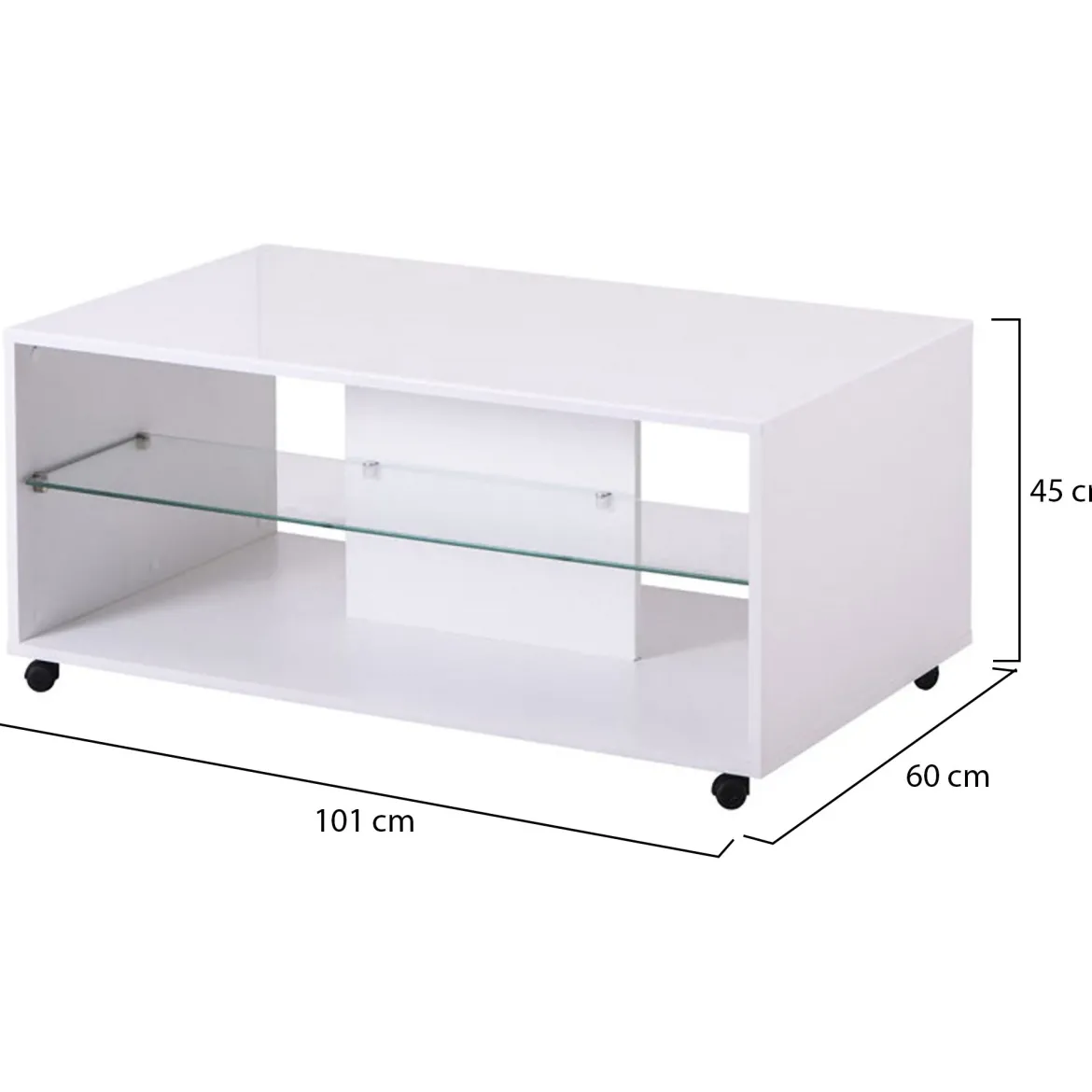 Tavolino da Salotto Bianco 3 Vani Forma Rettangolare 101x58x53.5h cm, Materiale Piano in Legno Nobilitato - Vervio