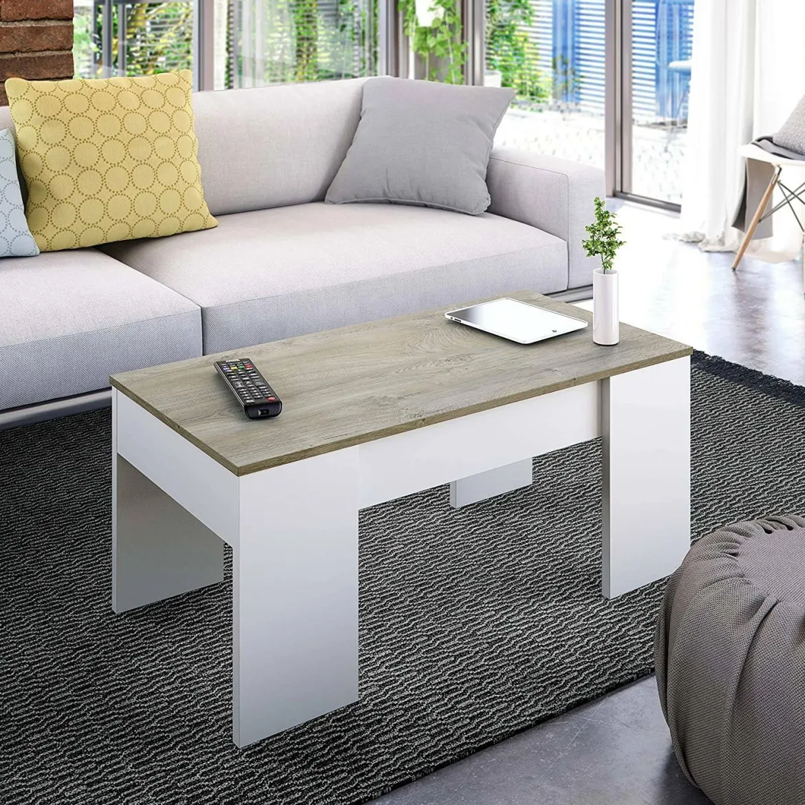 Tavolino da salotto Dleal, 100x50h45/56 cm, Bianco e Rovere Nodi