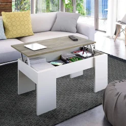 Tavolino da salotto Dleal, 100x50h45/56 cm, Bianco e Rovere Nodi