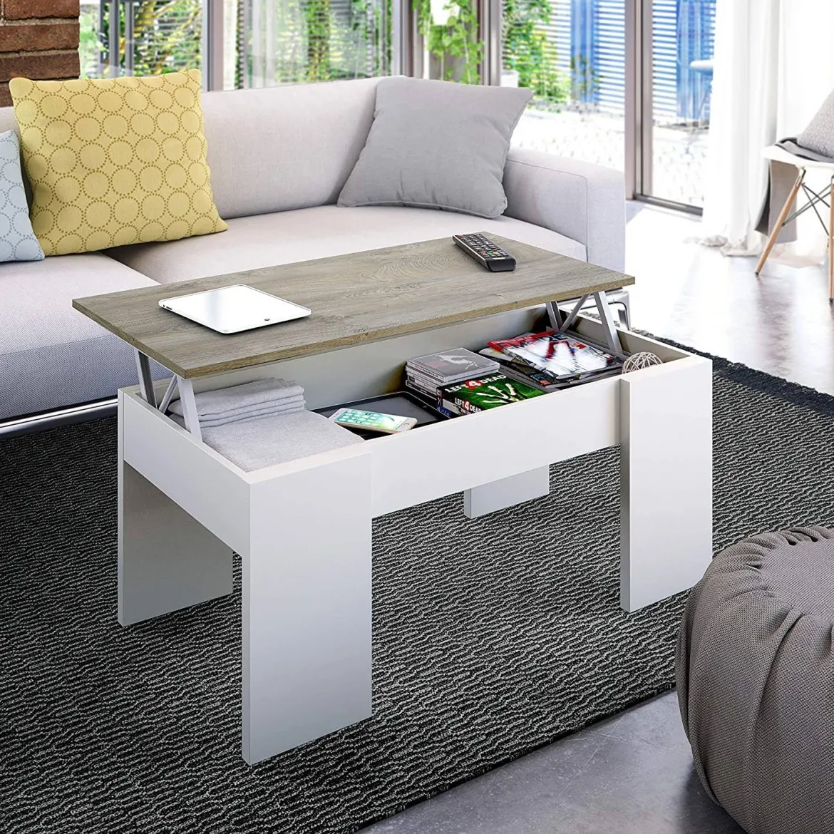 Tavolino da salotto Dleal, 100x50h45/56 cm, Bianco e Rovere Nodi