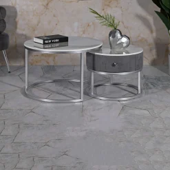 Tavolino da Salotto Grigio Argento un Cassetto Rivestimento in Tessuto Imbottito Modulabile 70x70x45h cm, un Vano - Daza