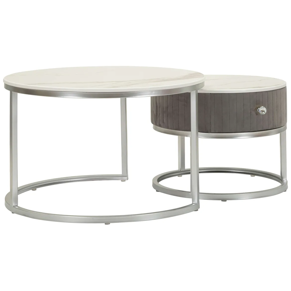 Tavolino da Salotto Grigio Argento un Cassetto Rivestimento in Tessuto Imbottito Modulabile 70x70x45h cm, un Vano - Daza