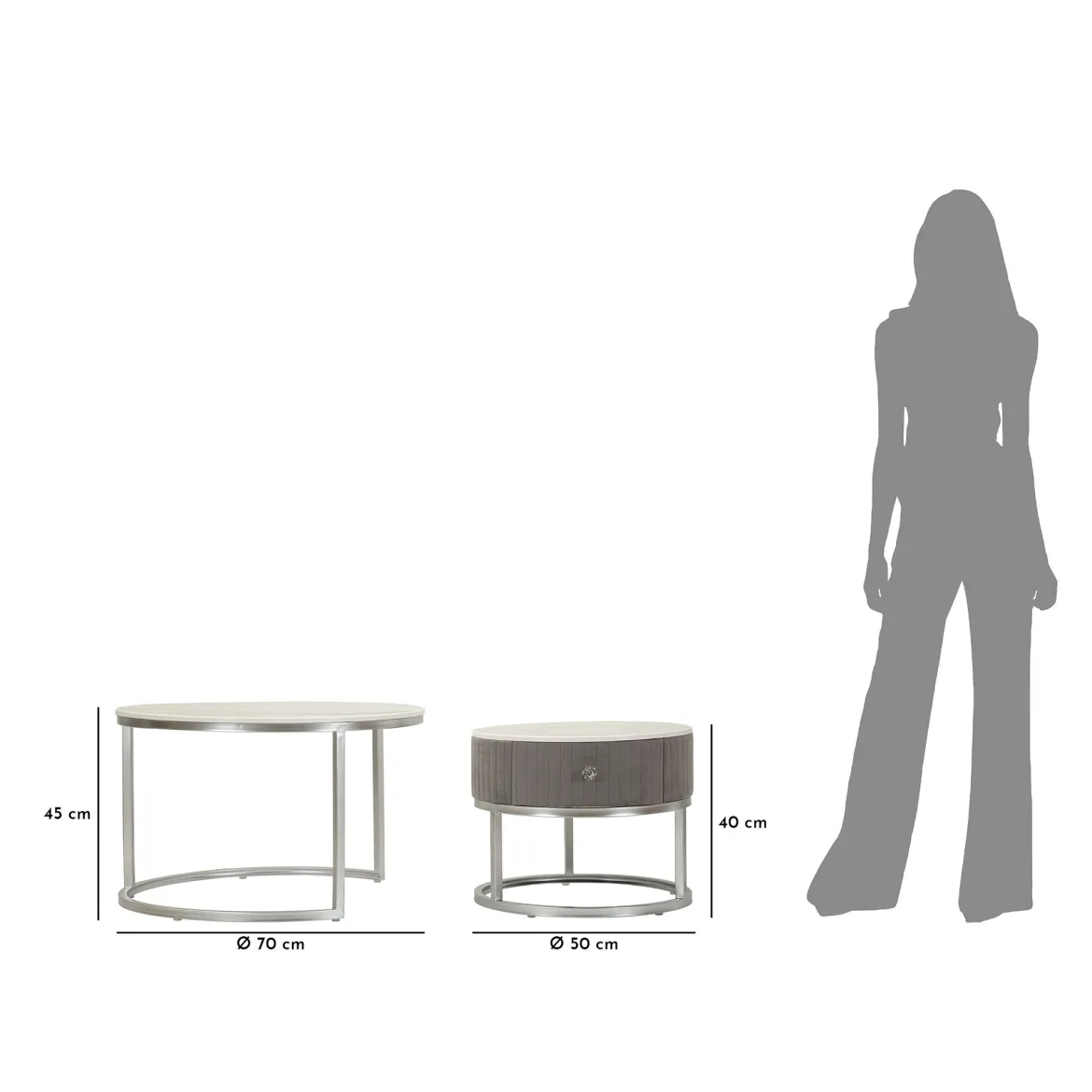 Tavolino da Salotto Grigio Argento un Cassetto Rivestimento in Tessuto Imbottito Modulabile 70x70x45h cm, un Vano - Daza