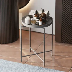 Tavolino da Salotto Grigio Chiaro Forma Rotondo Materiale Piano in Metallo 46x46x56h cm, Colore Ripiano Grigio - Gombito