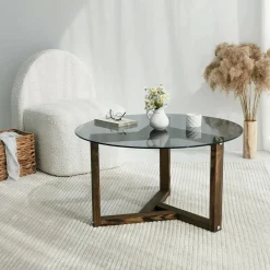 Tavolino da Salotto Grigio Noce Effetto Fume Forma Rotonda 75x75x40h cm, Materiale Struttura in Vetro - Luigia