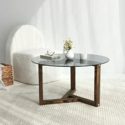 Tavolino da Salotto Grigio Noce Effetto Fume Forma Rotonda 75x75x40h cm, Materiale Struttura in Vetro - Luigia