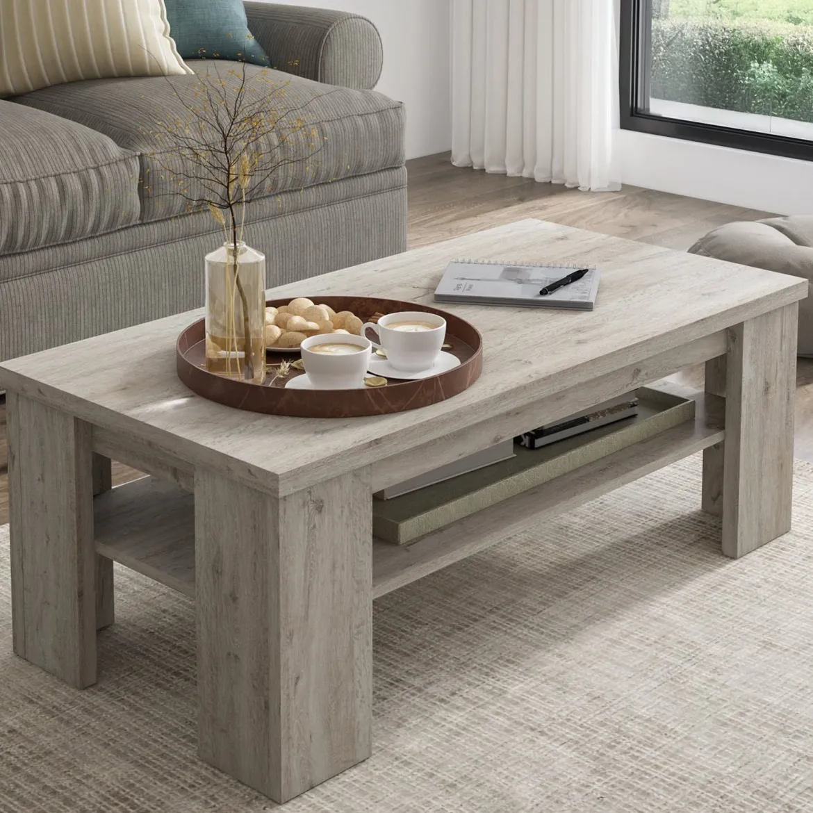 Tavolino da Salotto Grigio Rovere Grigio un Vano Forma Rettangolare 110x55x41h cm, Sfumatura Colore Ripiano Rovere Grigio - Mergozzo