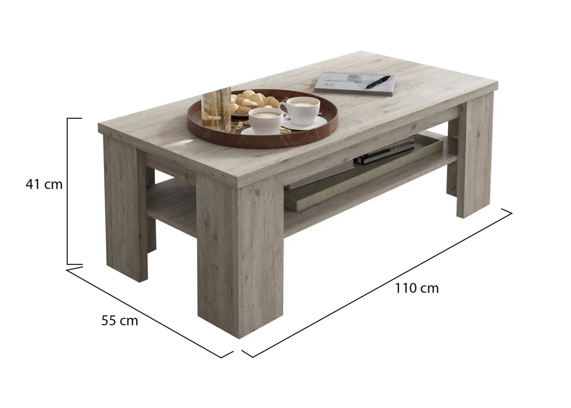 Tavolino da Salotto Grigio Rovere Grigio un Vano Forma Rettangolare 110x55x41h cm, Sfumatura Colore Ripiano Rovere Grigio - Mergozzo