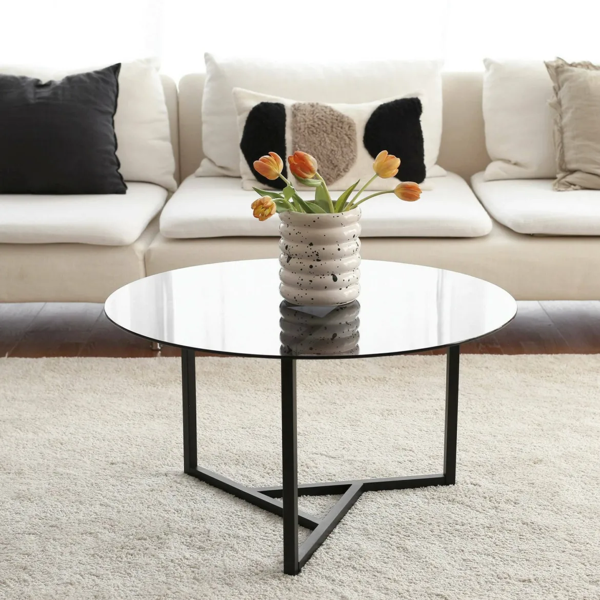 Tavolino da Salotto Grigio Tortora Nero un Vano Forma Rettangolare 90x60x40h cm, Colore Ripiano Trasparente - Mina
