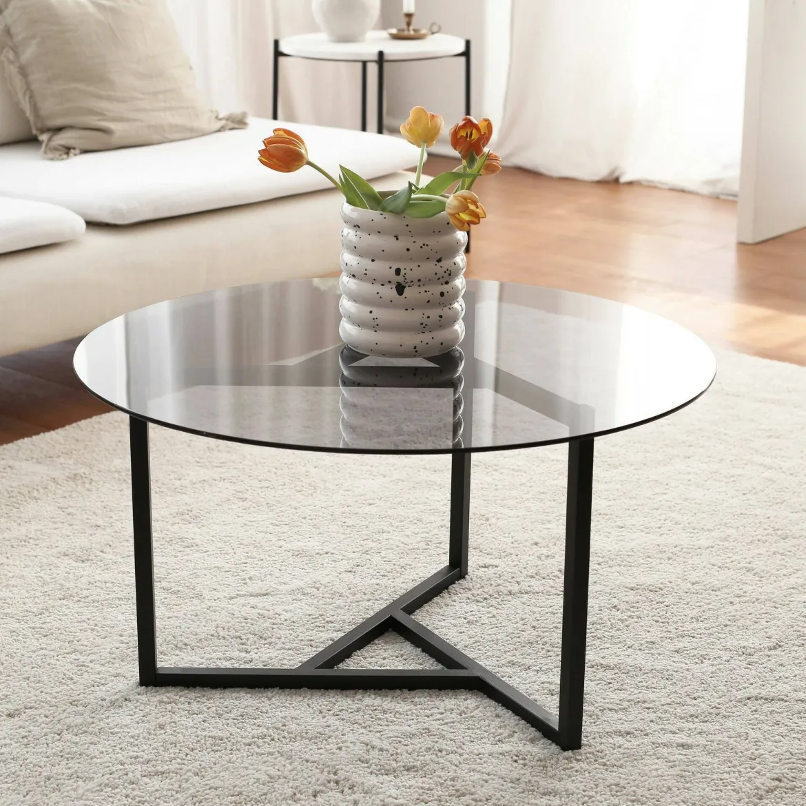 Tavolino da Salotto Grigio Tortora Nero un Vano Forma Rettangolare 90x60x40h cm, Colore Ripiano Trasparente - Mina