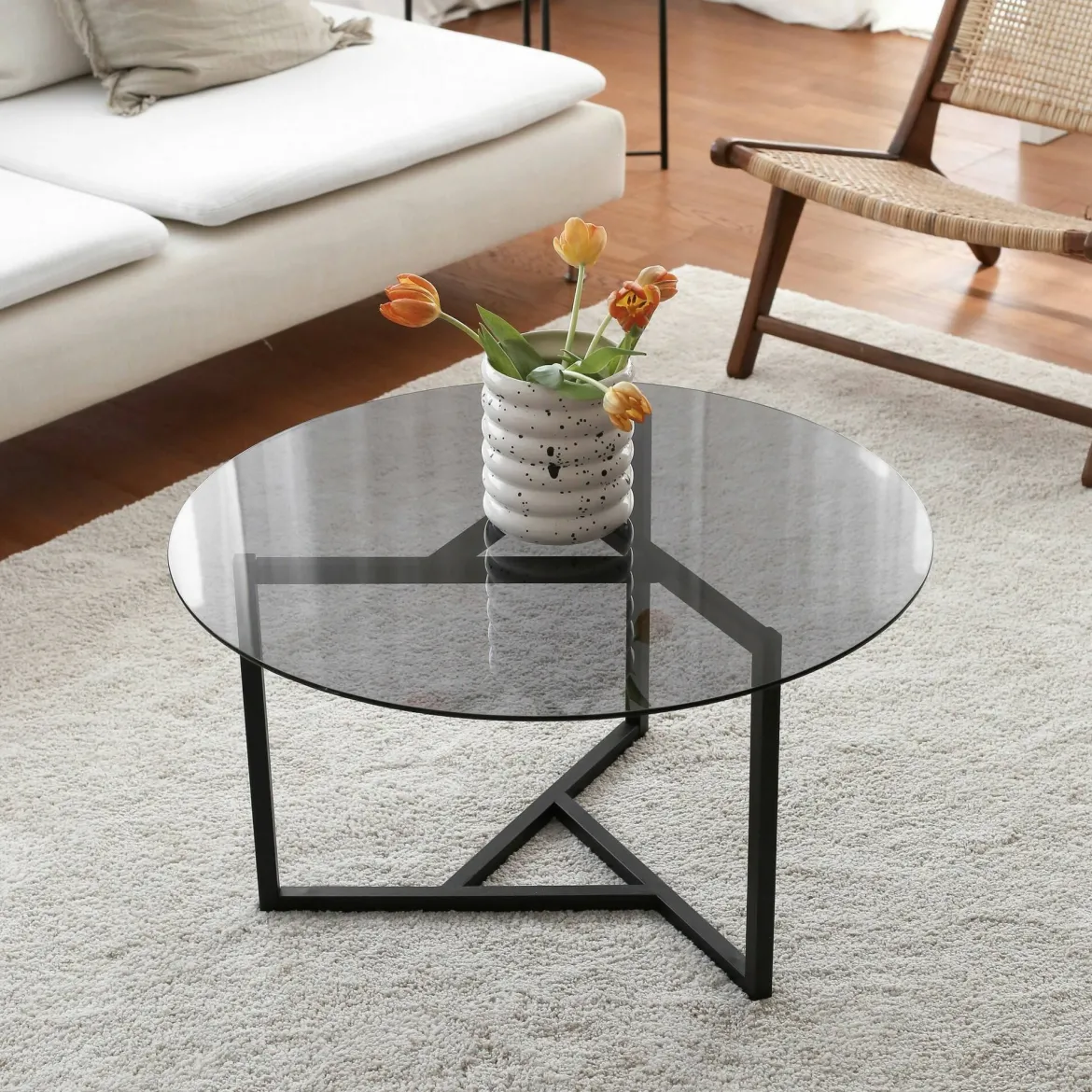 Tavolino da Salotto Grigio Tortora Nero un Vano Forma Rettangolare 90x60x40h cm, Colore Ripiano Trasparente - Mina