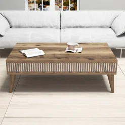 Tavolino da Salotto Marrone Noce Bianco con Piedini un Vano 105x60x35h cm, Forma Rettangolare - Sangiano