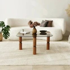 Tavolino da Salotto Marrone Noce Effetto Fume Forma Rettangolare 80x80x40h cm, Materiale Struttura in Vetro - Gran