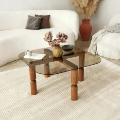 Tavolino da Salotto Marrone Noce Effetto Fume Forma Rettangolare 80x80x40h cm, Materiale Struttura in Vetro - Gran