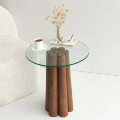 Tavolino da Salotto Marrone Noce Forma Rotonda Materiale Piano in Vetro 45x50x50h cm, Colore Ripiano Trasparente - Brasilia