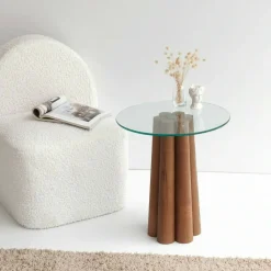 Tavolino da Salotto Marrone Noce Forma Rotonda Materiale Piano in Vetro 45x50x50h cm, Colore Ripiano Trasparente - Brasilia