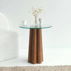 Tavolino da Salotto Marrone Noce Forma Rotonda Materiale Piano in Vetro 45x50x50h cm, Colore Ripiano Trasparente - Brasilia