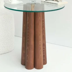 Tavolino da Salotto Marrone Noce Forma Rotonda Materiale Piano in Vetro 45x50x50h cm, Colore Ripiano Trasparente - Brasilia