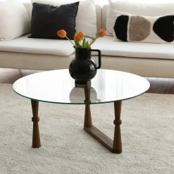Tavolino da Salotto Marrone Noce Forma Rotonda Materiale Piano in Vetro 80x80x41h cm, Colore Ripiano Trasparente - Belvi