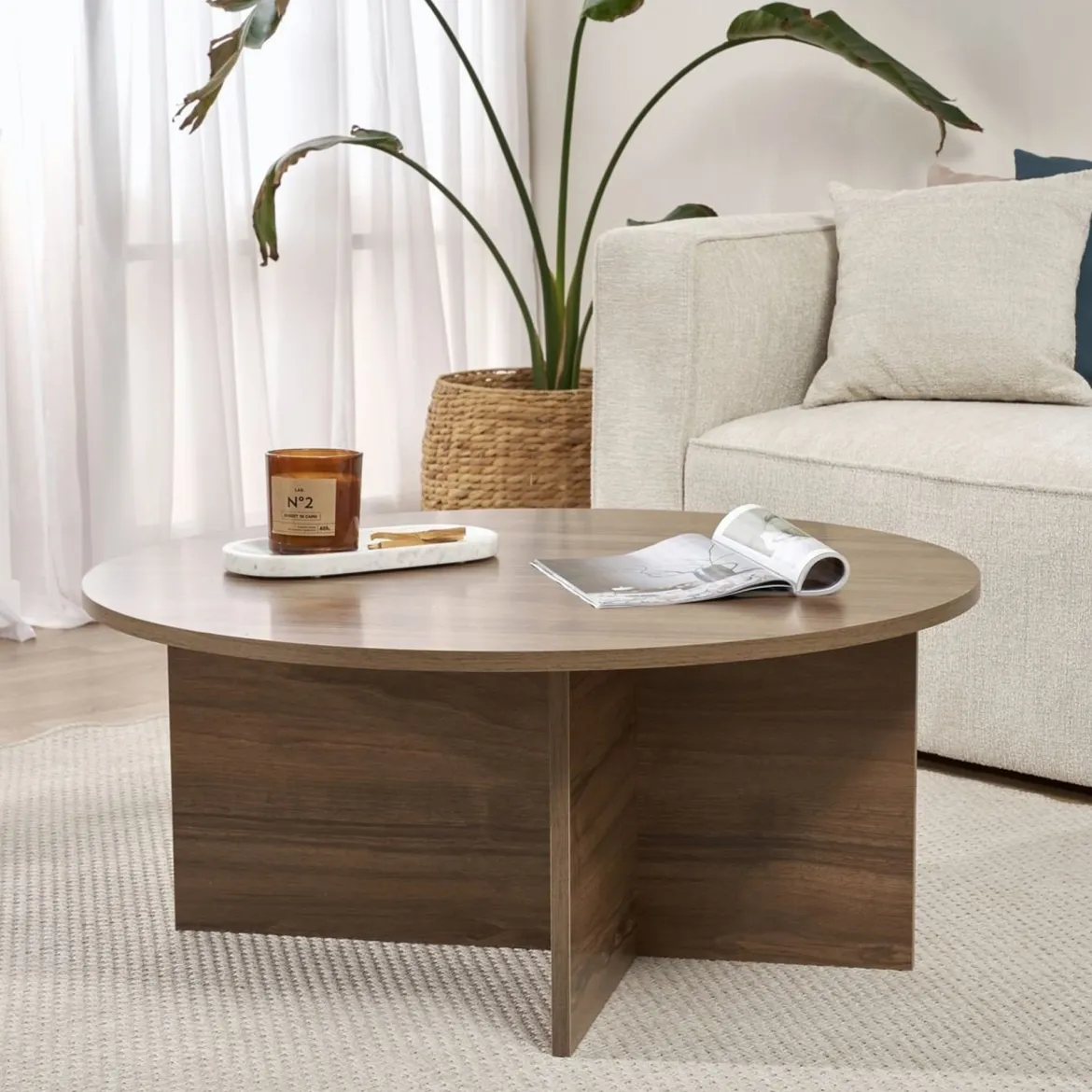 Tavolino da Salotto Marrone Noce Forma Rotondo Materiale Piano in Legno Nobilitato 90x90x40h cm, Colore Ripiano Marrone - Simbario