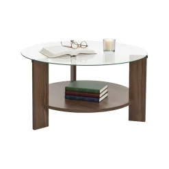 Tavolino da Salotto Marrone Noce Forma Rotondo Materiale Piano in Vetro 75x75x40h cm, Colore Ripiano Trasparente - Canevino