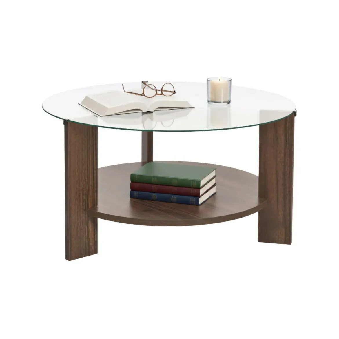Tavolino da Salotto Marrone Noce Forma Rotondo Materiale Piano in Vetro 75x75x40h cm, Colore Ripiano Trasparente - Canevino