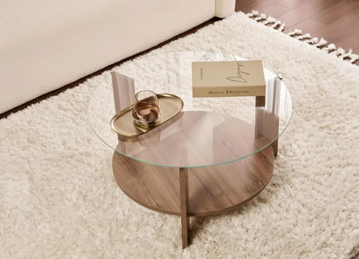 Tavolino da Salotto Marrone Noce Forma Rotondo Materiale Piano in Vetro 75x75x40h cm, Colore Ripiano Trasparente - Canevino