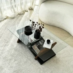 Tavolino da Salotto Marrone Noce Nero un Vano Forma Rettangolare 105x65x31h cm, Colore Ripiano Trasparente - Incarico