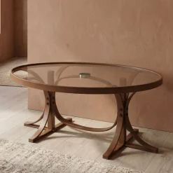 Tavolino da Salotto Marrone Noce Piano in Vetro Temperato Forma Ovale 112x78x47h cm, Materiale Struttura in Vetro - Sommo