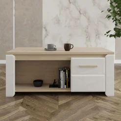 Tavolino da Salotto Marrone Rovere Bianco Opaco con Piedini 2 Vani 120x55x50h cm, Forma Rettangolare - Niella