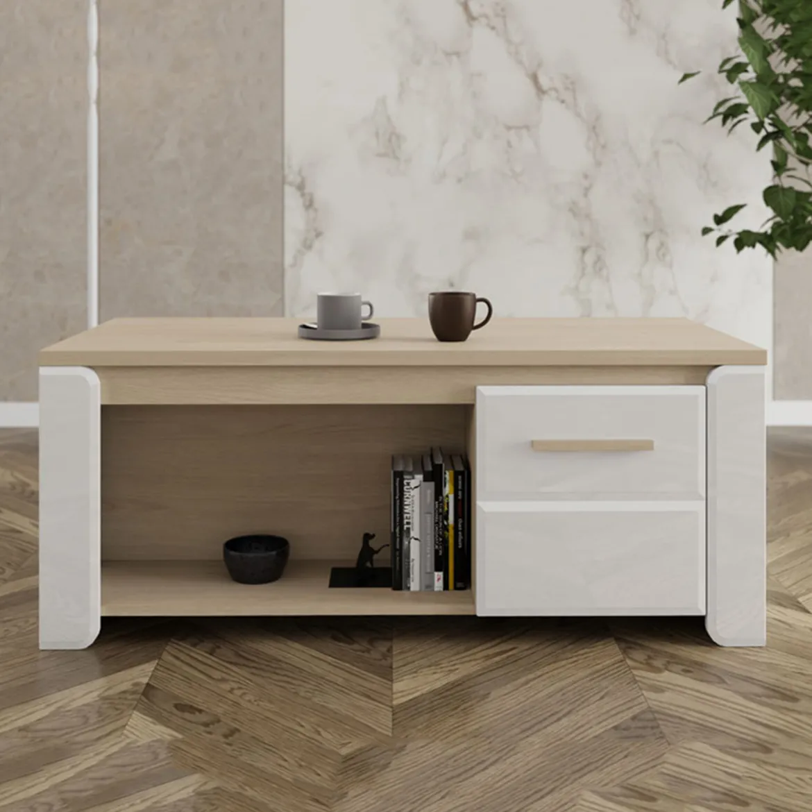 Tavolino da Salotto Marrone Rovere Bianco Opaco con Piedini 2 Vani 120x55x50h cm, Forma Rettangolare - Niella