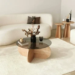Tavolino da Salotto Marrone Rovere Effetto Fume Forma Rotonda 75x75x35h cm, Materiale Struttura in Vetro - Nila