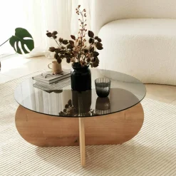 Tavolino da Salotto Marrone Rovere Effetto Fume Forma Rotonda 75x75x35h cm, Materiale Struttura in Vetro - Nila
