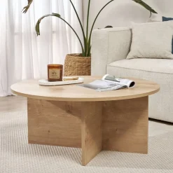 Tavolino da Salotto Marrone Rovere Forma Rotondo Materiale Piano in Legno Nobilitato 90x90x40h cm, Colore Ripiano Marrone - Simbario