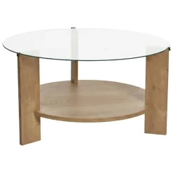 Tavolino da Salotto Marrone Rovere Forma Rotondo Materiale Piano in Vetro 75x75x40h cm, Colore Ripiano Trasparente - Canevino