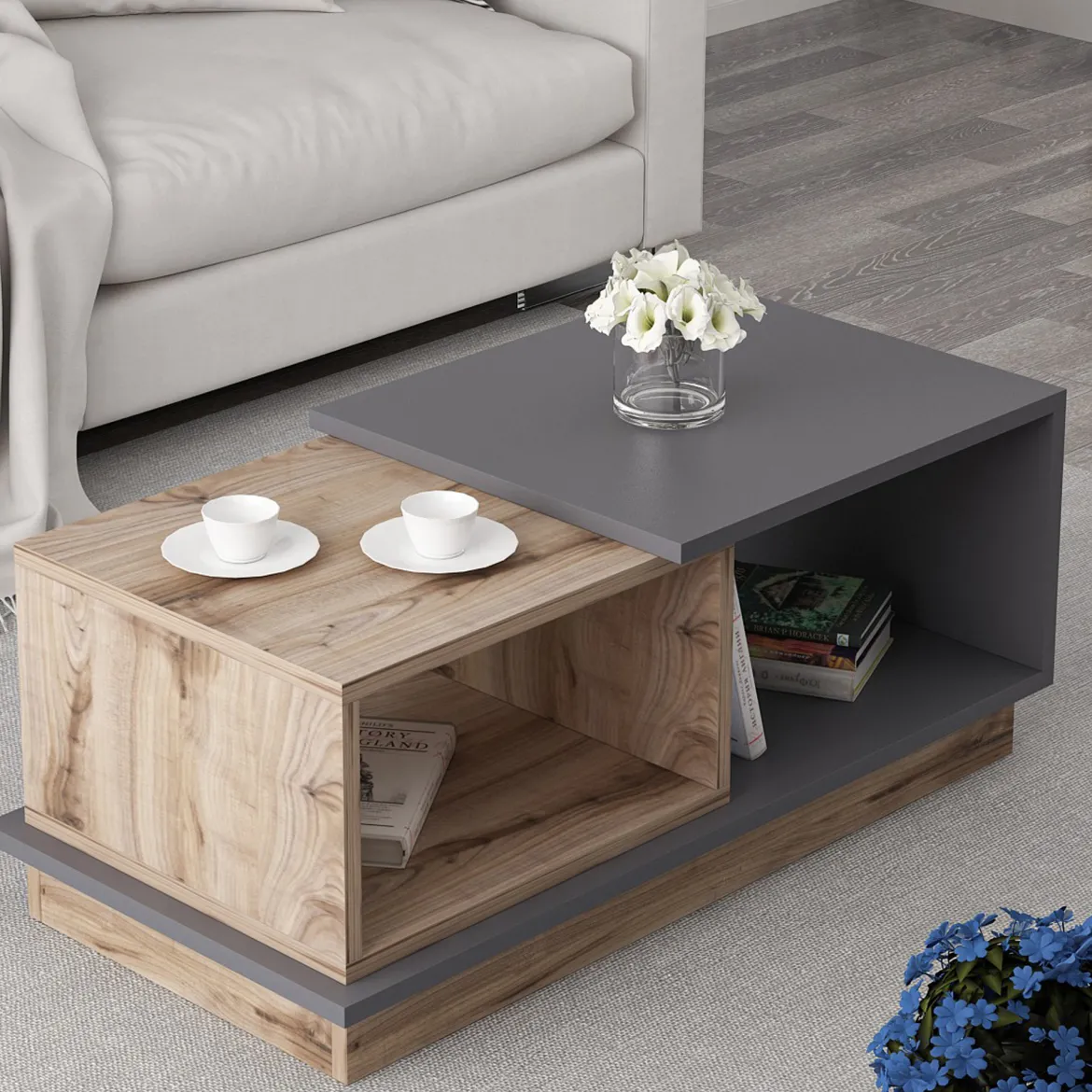 Tavolino da Salotto Marrone Rovere Nero Antracite 2 Vani con Piedini 90x50x39h cm, Forma Rettangolare - Parcines