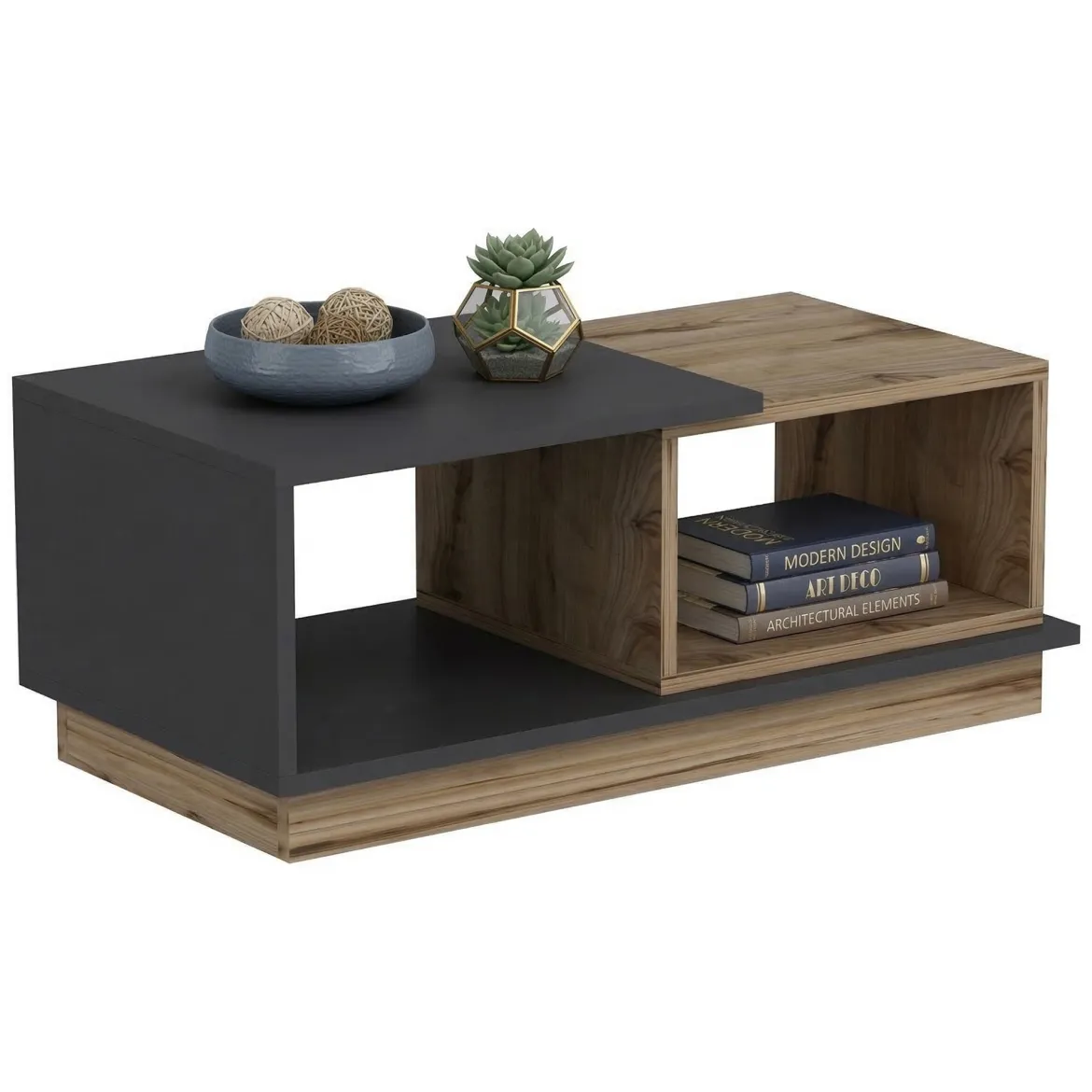 Tavolino da Salotto Marrone Rovere Nero Antracite 2 Vani con Piedini 90x50x39h cm, Forma Rettangolare - Parcines