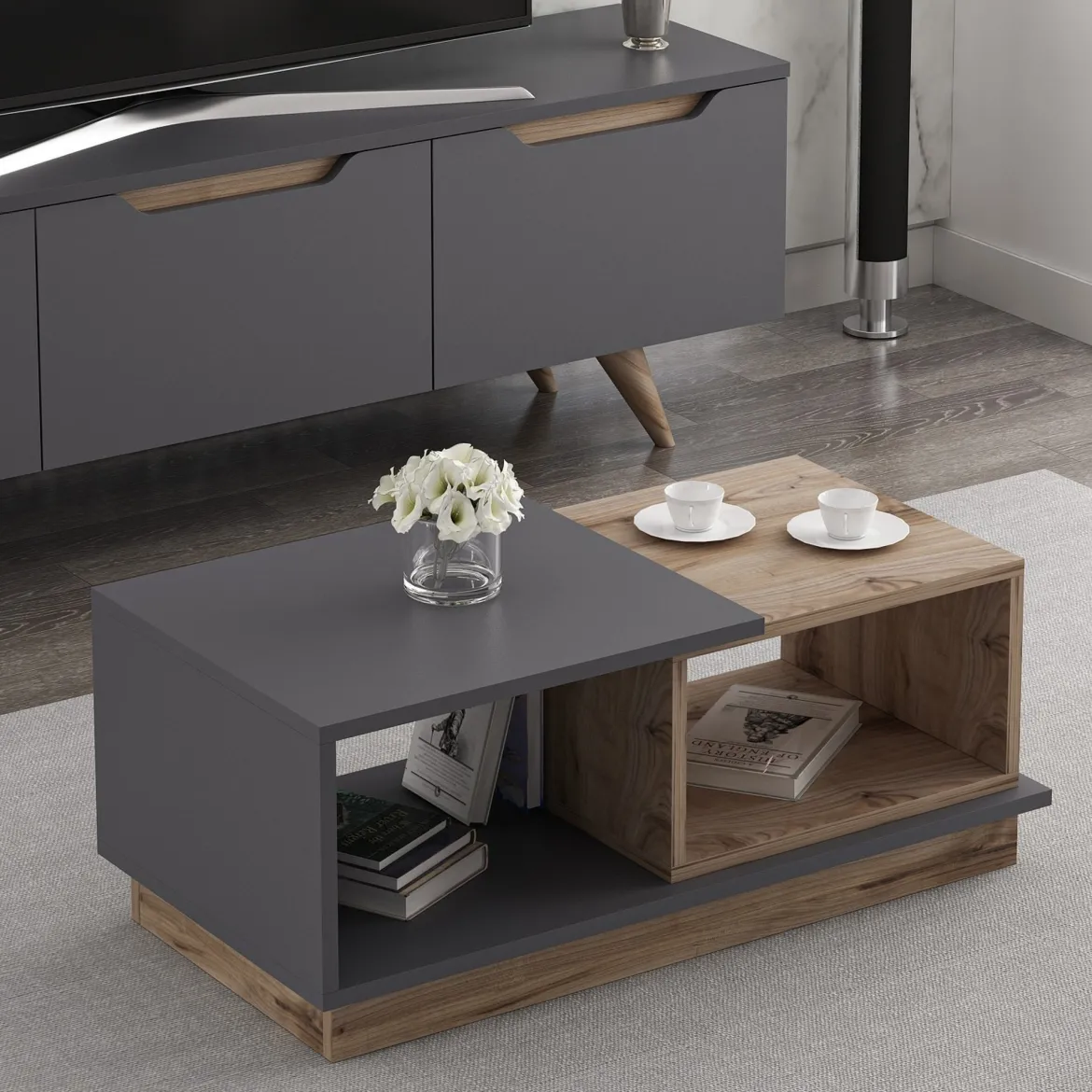 Tavolino da Salotto Marrone Rovere Nero Antracite 2 Vani con Piedini 90x50x39h cm, Forma Rettangolare - Parcines