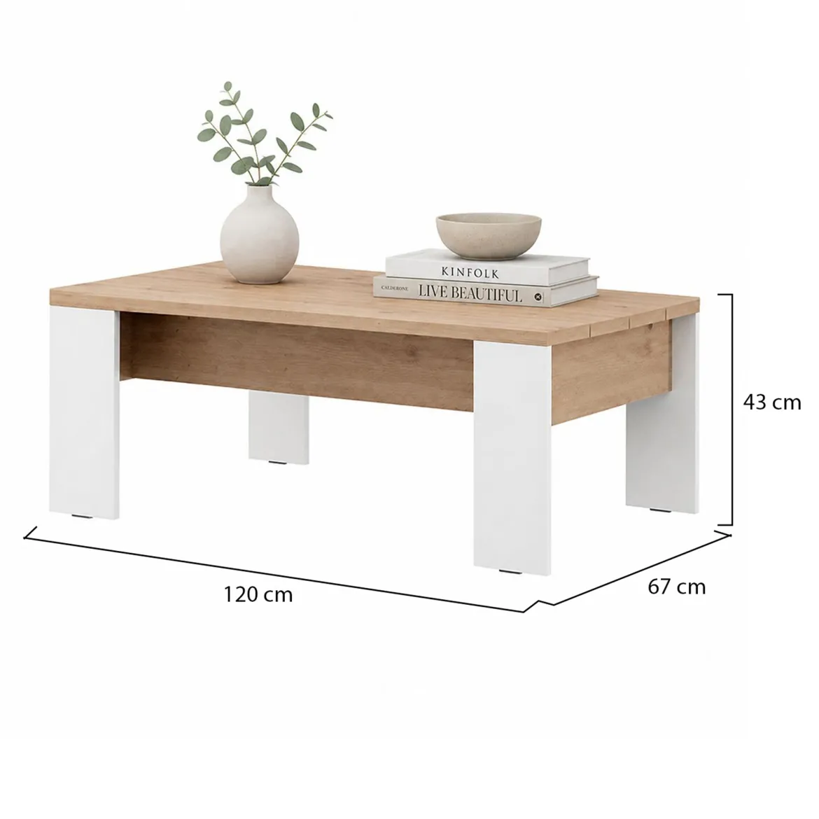 Tavolino da Salotto Marrone Rovere Nodi Bianco Opaco Forma Rettangolare Colore Ripiano Marrone 120x67x43h cm, Colore Struttura Bianco - Bertona