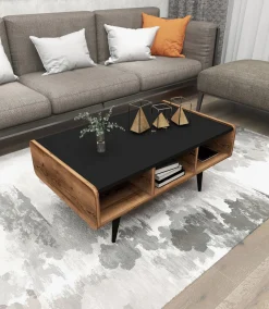 Tavolino da Salotto Marrone Rovere Nodi Nero con Piedini un Vano 101x55x46h cm, Forma Rettangolare - Cunico