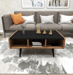 Tavolino da Salotto Marrone Rovere Nodi Nero con Piedini un Vano 101x55x46h cm, Forma Rettangolare - Cunico
