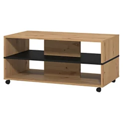 Tavolino da Salotto Marrone Rovere Nodi Nero con Ruote 2 Vani 101x54.5x47.5h cm, Forma Rettangolare - Erice