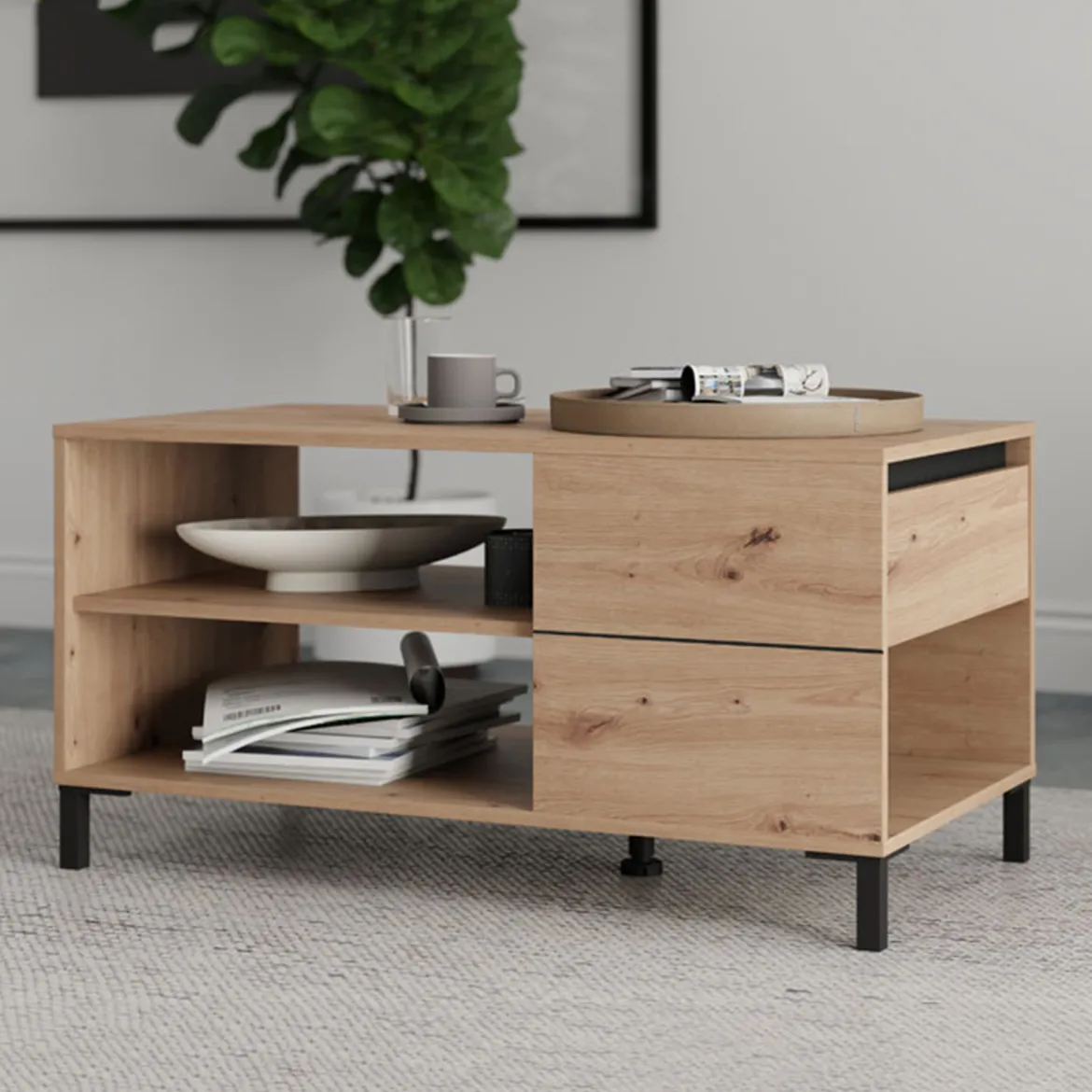 Tavolino da Salotto Marrone Rovere Nodi Nero un Cassetto con Piedini 102x55x52h cm, 3 Vani - Salentina