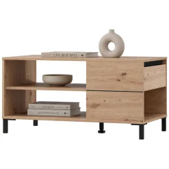 Tavolino da Salotto Marrone Rovere Nodi Nero un Cassetto con Piedini 102x55x52h cm, 3 Vani - Salentina